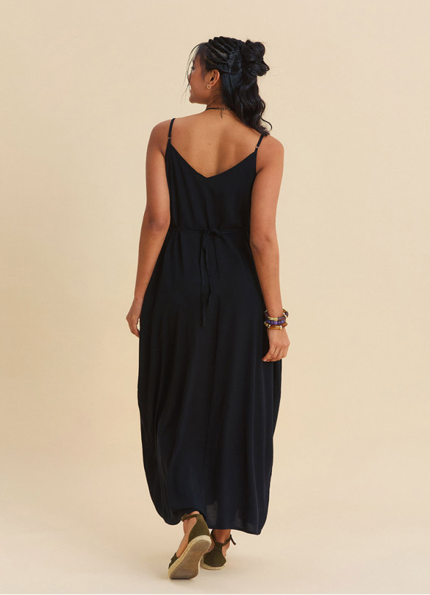 Wide Collar, Thin Straps Black Long Dress 4811