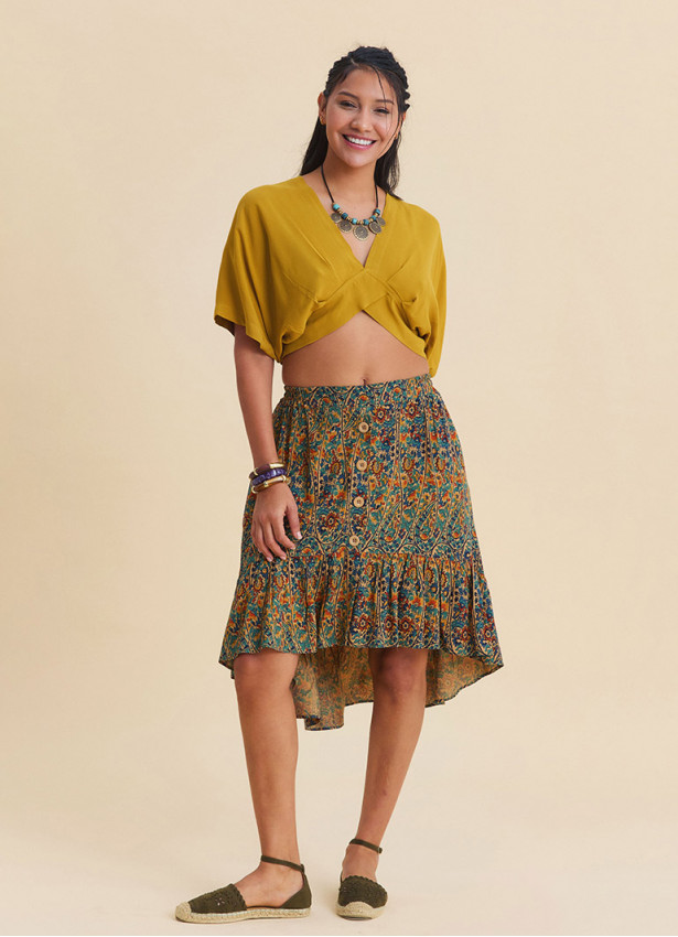 Crew Neck Backless Flowy Mustard Crop Top  4885