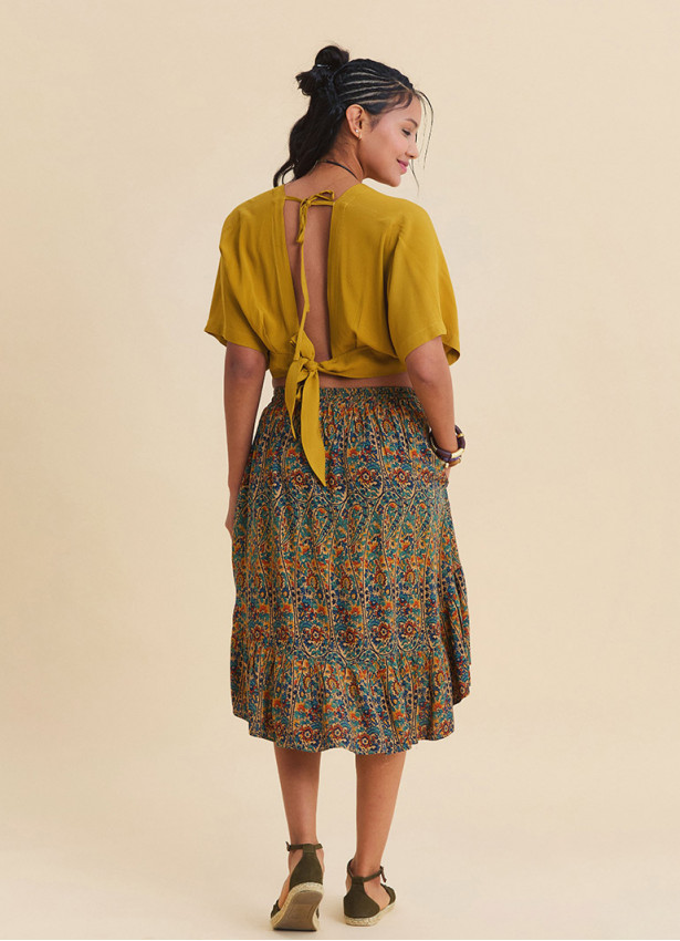 Crew Neck Backless Flowy Mustard Crop Top  4885
