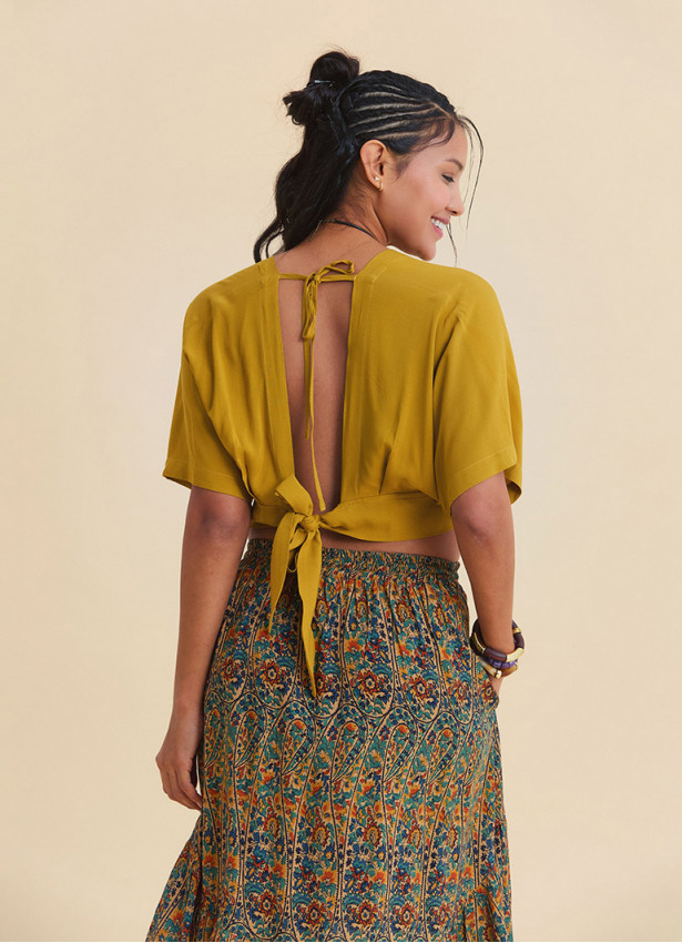 Crew Neck Backless Flowy Mustard Crop Top  4885