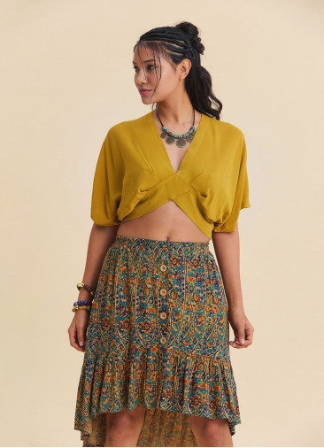 Crew Neck Backless Flowy Mustard Crop Top  4885