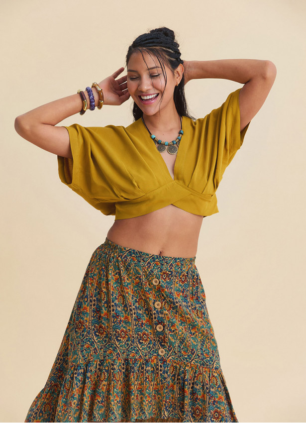 Crew Neck Backless Flowy Mustard Crop Top  4885