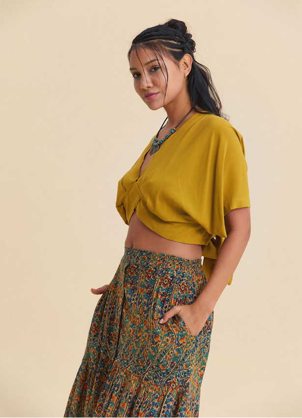 Crew Neck Backless Flowy Mustard Crop Top  4885
