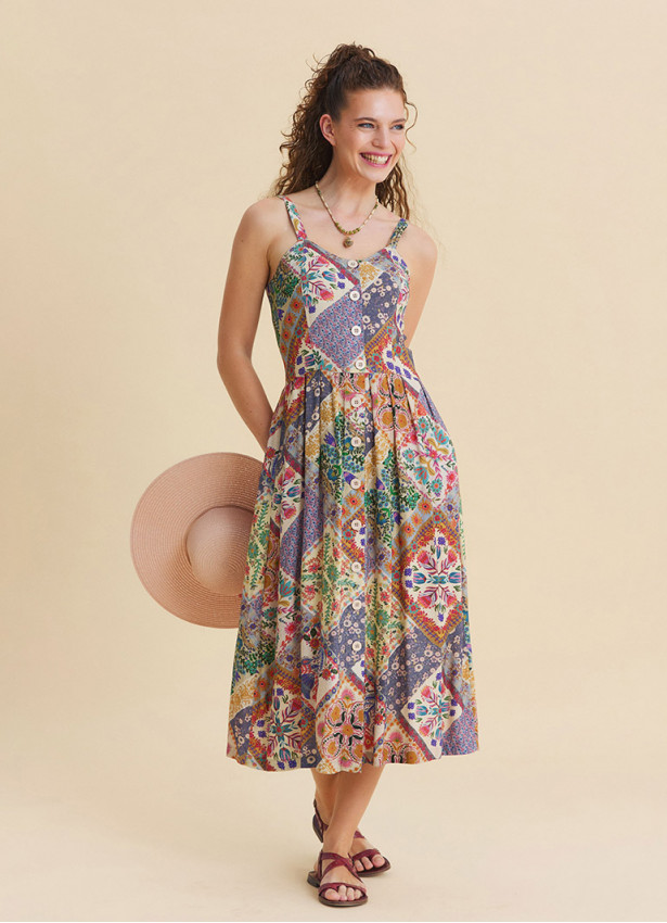 Beige Floral Dress with Thin Straps and Full Length Buttons 4829