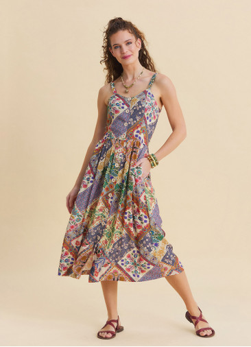 Beige Floral Dress with Thin Straps and Full Length Buttons 4829