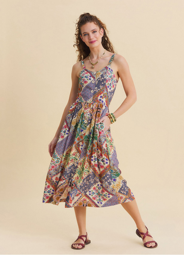 Beige Floral Dress with Thin Straps and Full Length Buttons 4829