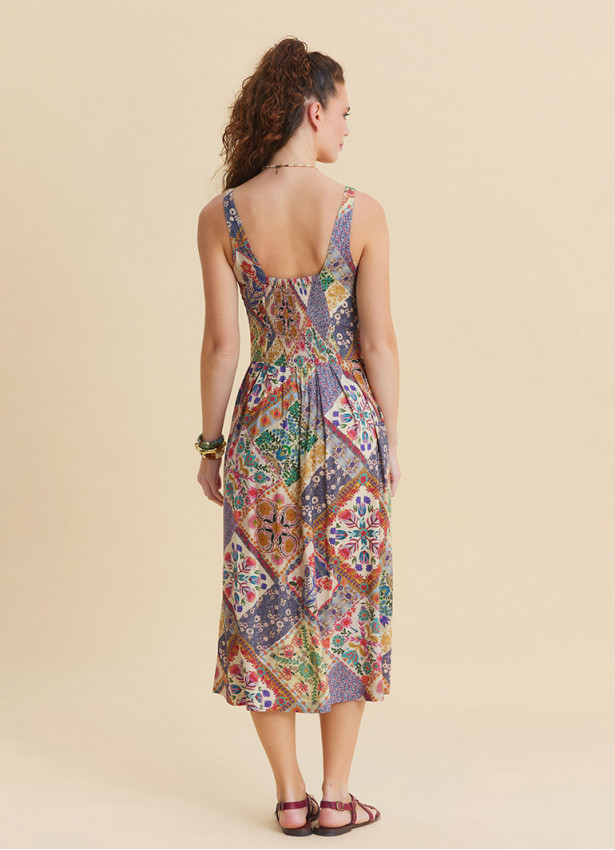 Beige Floral Dress with Thin Straps and Full Length Buttons 4829