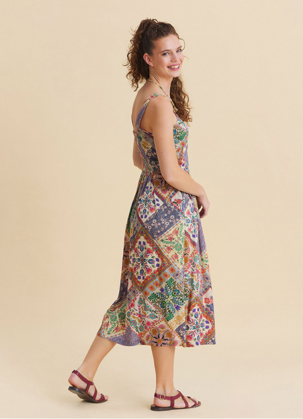 Beige Floral Dress with Thin Straps and Full Length Buttons 4829