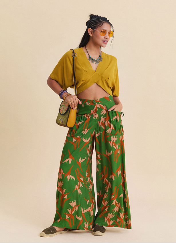 Loose Fit Green Womens Authentic Trousers with Pocket Details 4869