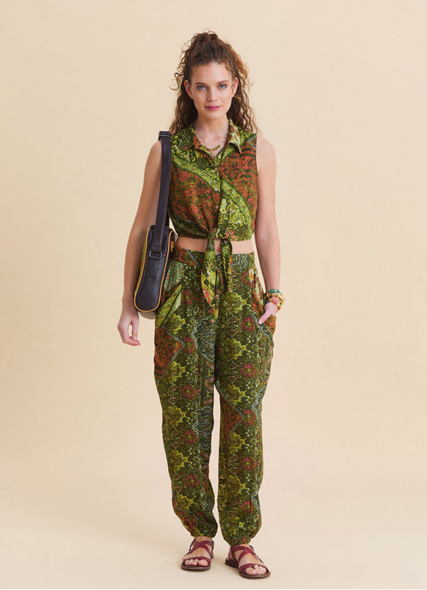 Elasticated Cuffed Green Bohemian Women's Trousers 4843