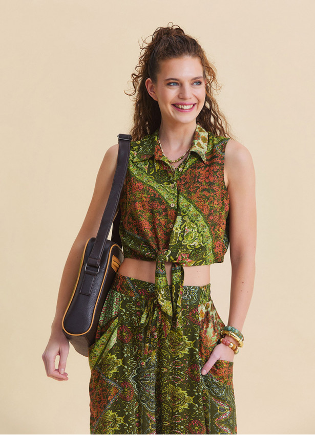 Asymmetrical Cut Green Crop Top with Shirt Collar  4964