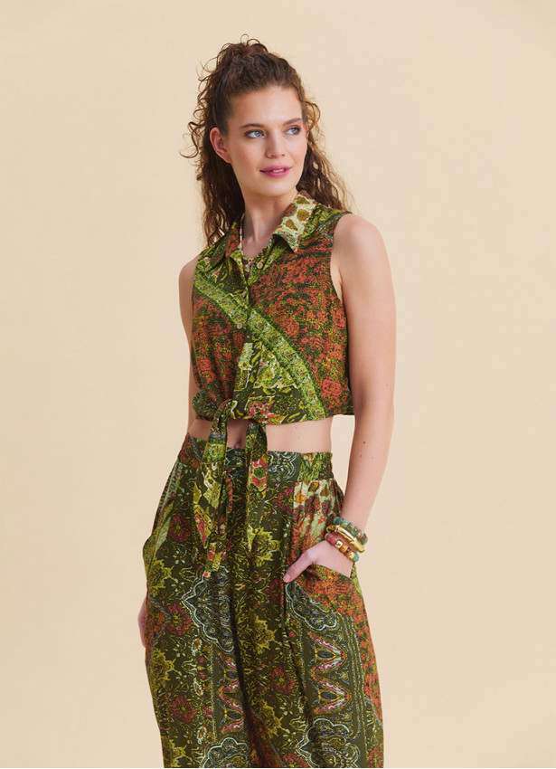 Asymmetrical Cut Green Crop Top with Shirt Collar  4964