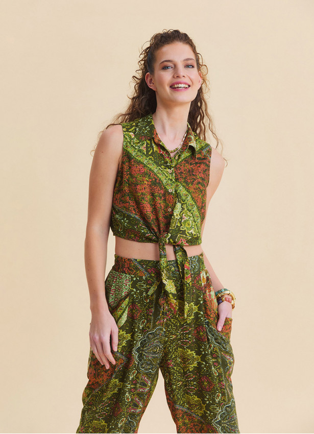 Asymmetrical Cut Green Crop Top with Shirt Collar  4964