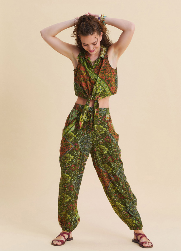 Elasticated Cuffed Green Bohemian Women's Trousers 4843