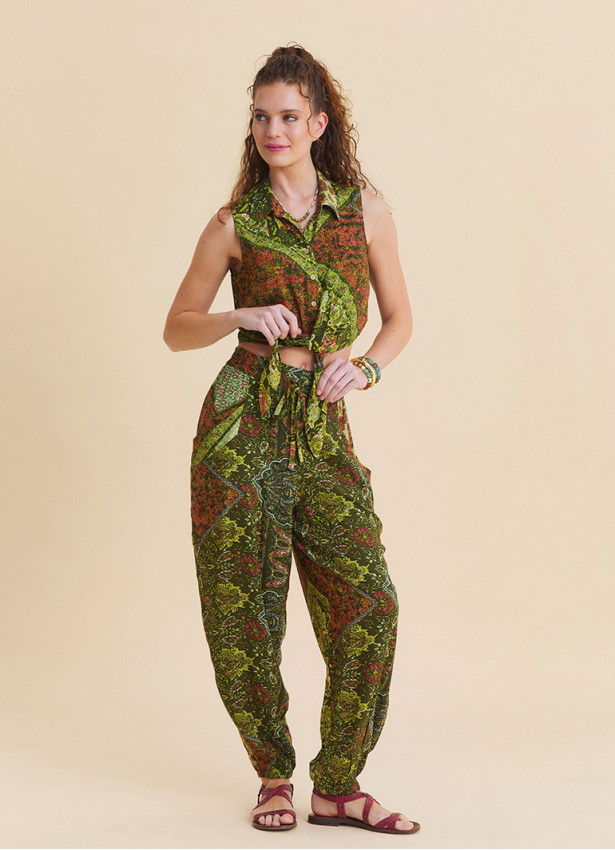 Elasticated Cuffed Green Bohemian Women's Trousers 4843