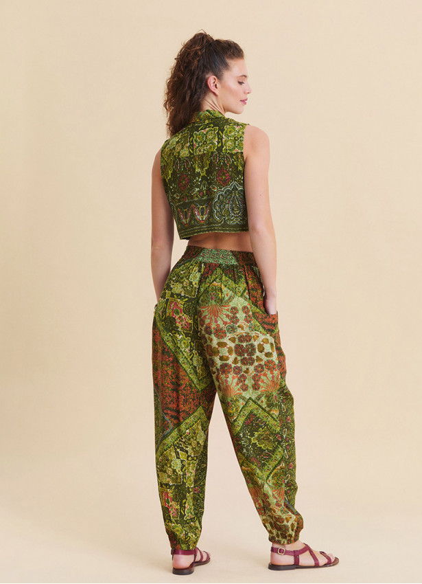 Elasticated Cuffed Green Bohemian Women's Trousers 4843