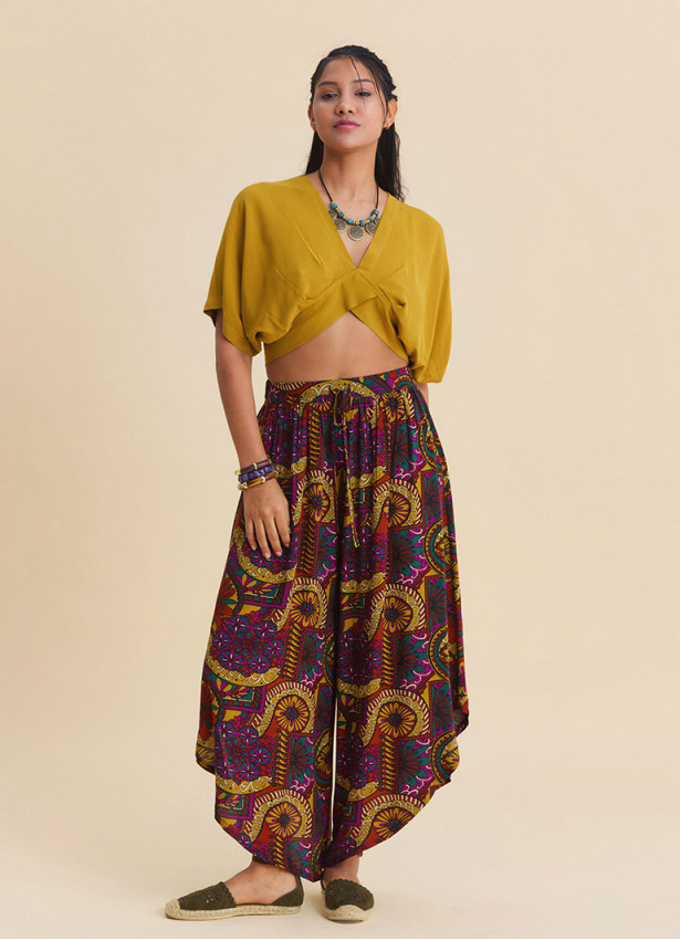 Womens Ethnic Trousers with Elasticated Waistband and Asymmetrical Cut Pattern 4846