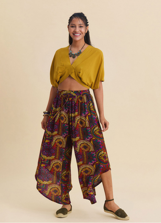 Womens Ethnic Trousers with Elasticated Waistband and Asymmetrical Cut Pattern 4846