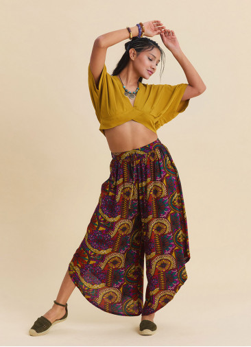 Womens Ethnic Trousers with Elasticated Waistband and Asymmetrical Cut Pattern 4846
