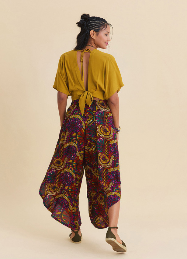 Womens Ethnic Trousers with Elasticated Waistband and Asymmetrical Cut Pattern 4846