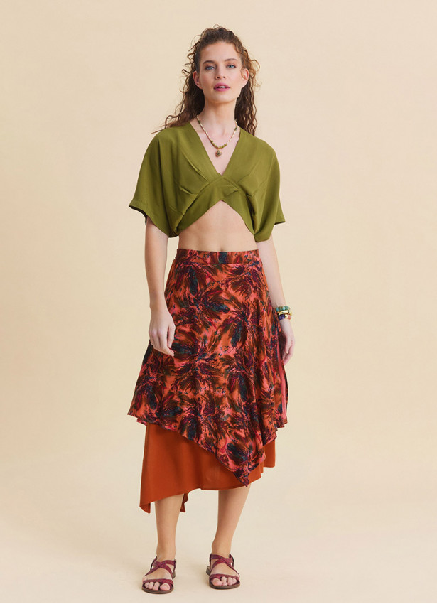 Elasticated Waist Double Layered Coral Asymmetrical Skirt 4910