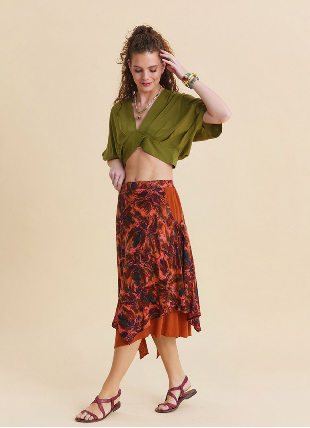 Elasticated Waist Double Layered Coral Asymmetrical Skirt 4910