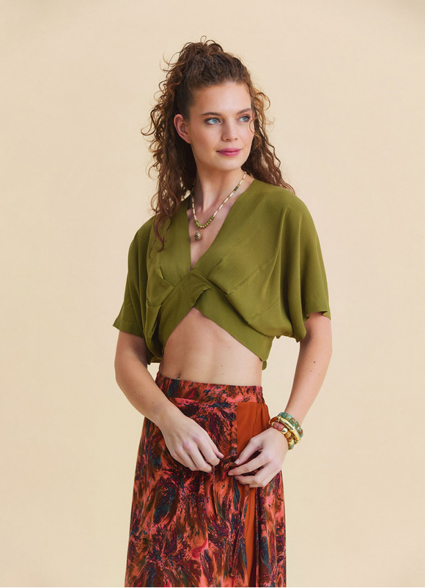 Crew Neck Backless Flowy Green Crop Top 4883