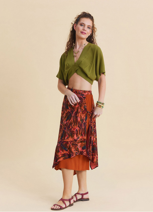 Elasticated Waist Double Layered Coral Asymmetrical Skirt 4910