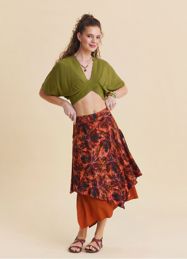 Elasticated Waist Double Layered Coral Asymmetrical Skirt 4910