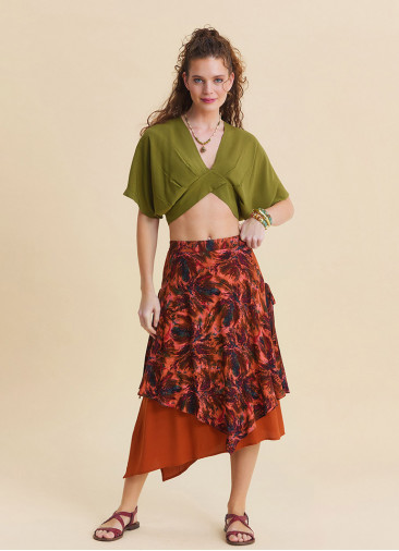 Elasticated Waist Double Layered Coral Asymmetrical Skirt 4910