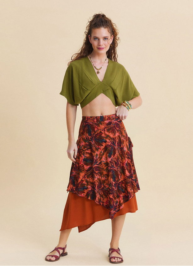 Elasticated Waist Double Layered Coral Asymmetrical Skirt 4910