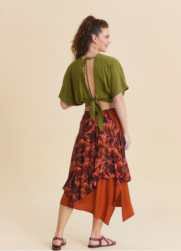 Elasticated Waist Double Layered Coral Asymmetrical Skirt 4910