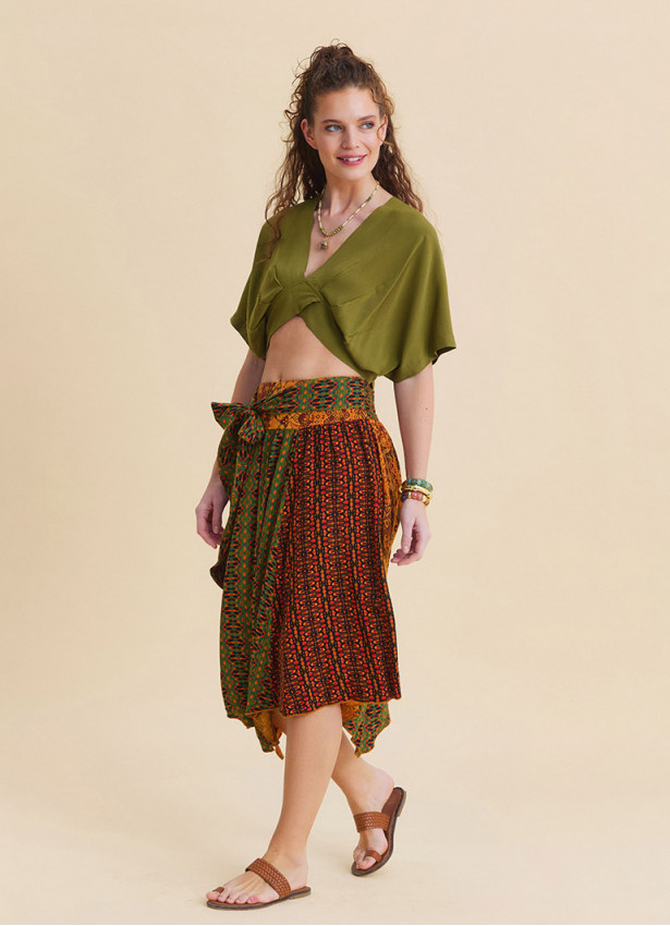 Gipe Detailed Belted Orange Flared Skirt  4902