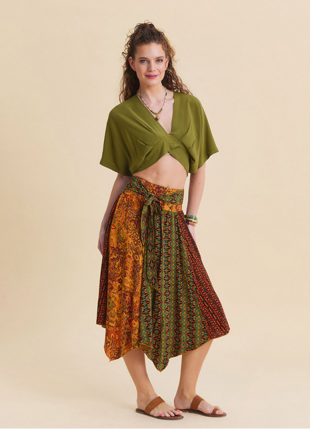 Gipe Detailed Belted Orange Flared Skirt  4902