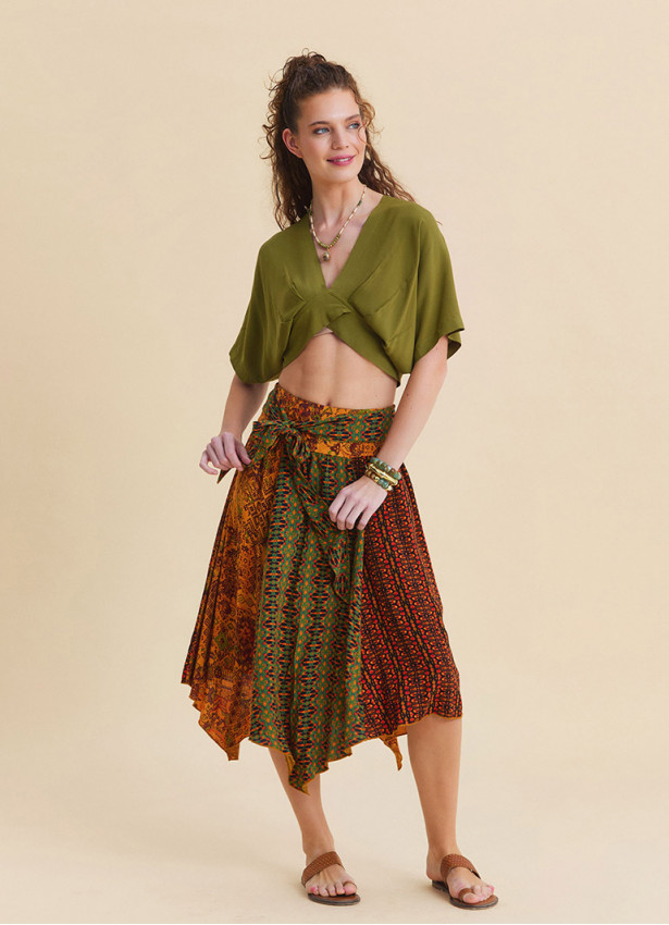 Gipe Detailed Belted Orange Flared Skirt  4902