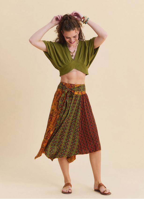 Gipe Detailed Belted Orange Flared Skirt  4902