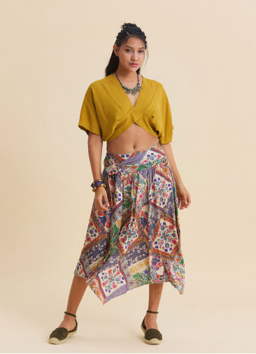 Gipe Detailed Belted Beige Floral Skirt 4901