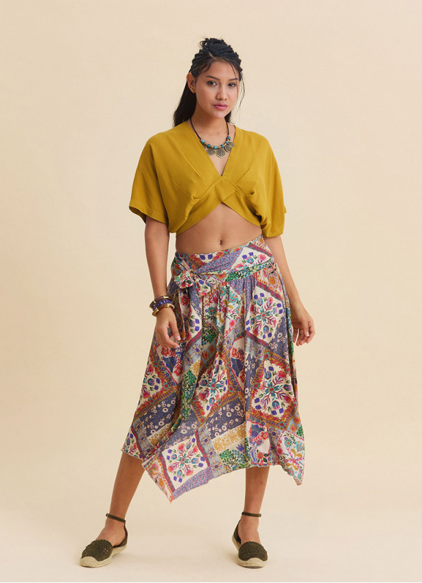 Gipe Detailed Belted Beige Floral Skirt 4901