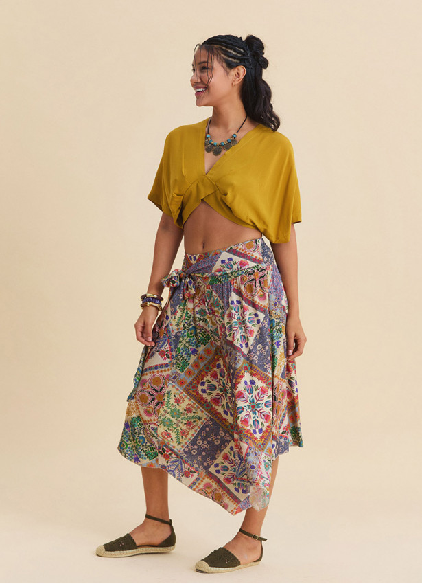 Gipe Detailed Belted Beige Floral Skirt 4901