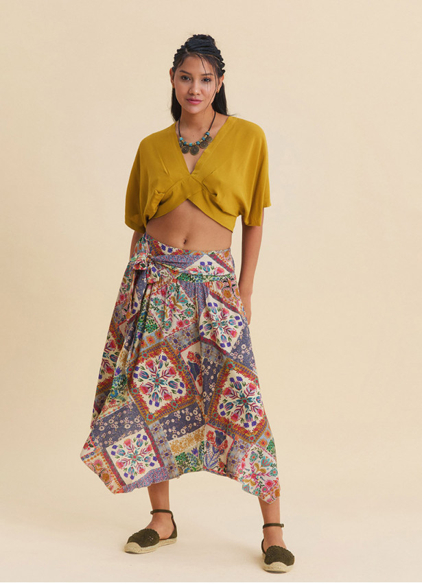 Gipe Detailed Belted Beige Floral Skirt 4901