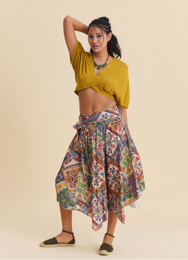 Gipe Detailed Belted Beige Floral Skirt 4901