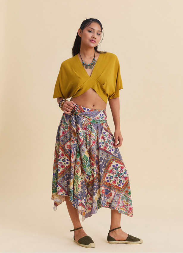 Gipe Detailed Belted Beige Floral Skirt 4901