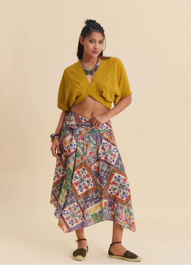 Gipe Detailed Belted Beige Floral Skirt 4901