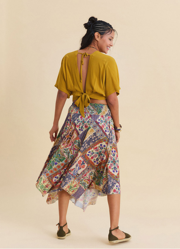 Gipe Detailed Belted Beige Floral Skirt 4901