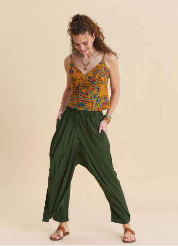 Women's Bohemian Trousers with Elasticated Waistband and Cross-Over Detail 4845