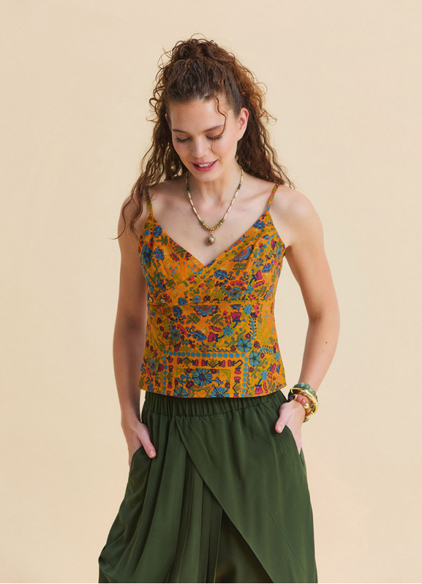 V Neck Strappy Mustard Floral Blouse 5007