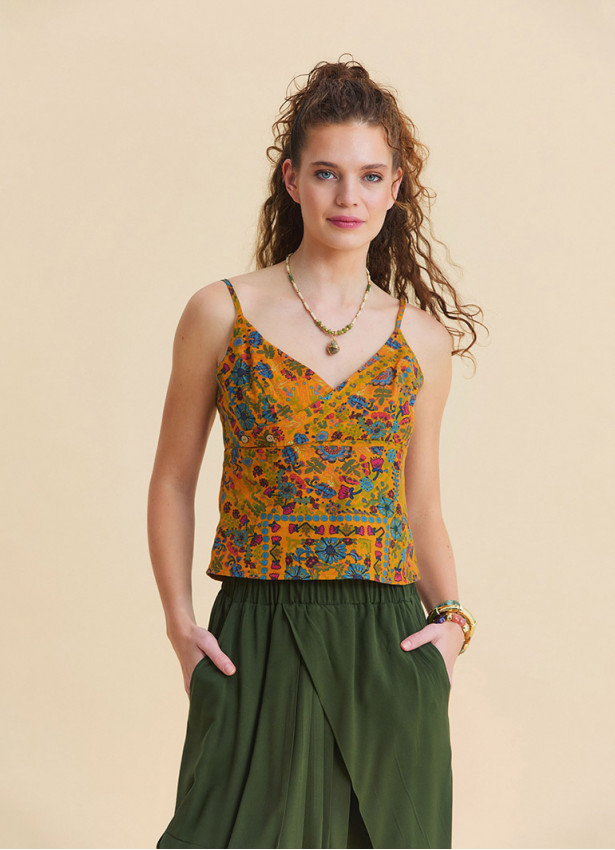 V Neck Strappy Mustard Floral Blouse 5007
