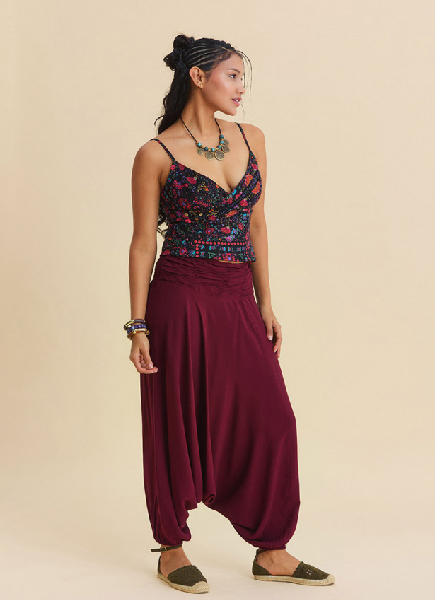 Drape Waist Elasticated Burgundy Women's Summer Trousers 4849