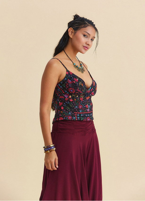 V Neck Strappy Black Floral Blouse 5008