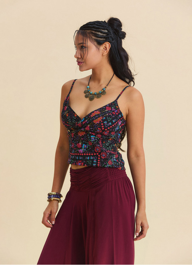 V Neck Strappy Black Floral Blouse 5008
